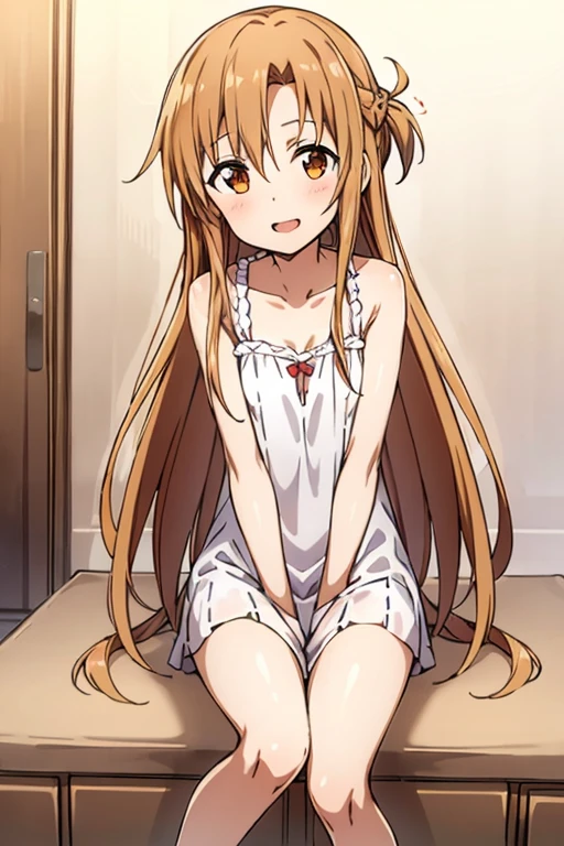 ((Best Quality)), ((masterpiece)), (be familiar with), Perfect Face, indoor, bedroom, Watching the audience,
One woman, Yuuki Asuna,
Open Mouth, Ecstatic expression, blush, smile,
Small breasts, Flat Chest, , , child, Girl,
Long Hair, Long Hair,
Leg spread,