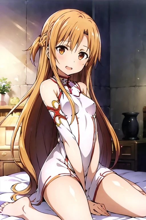 ((Best Quality)), ((masterpiece)), (be familiar with), Perfect Face, indoor, bedroom, Watching the audience,
One woman, Yuuki Asuna,
Open Mouth, Ecstatic expression, blush, smile,
Small breasts, Flat Chest, , , child, Girl,
Long Hair, Long Hair,
Leg spread,