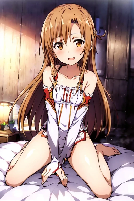 ((Best Quality)), ((masterpiece)), (be familiar with), Perfect Face, indoor, bedroom, Watching the audience,
One woman, Yuuki Asuna,
Open Mouth, Ecstatic expression, blush, smile,
Small breasts, Flat Chest, , , , Girl,
Long Hair, Long Hair,
Leg spread,