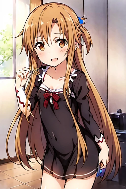 ((Best Quality)), ((masterpiece)), (be familiar with), Perfect Face, indoor, bedroom, Watching the audience,
One woman, Yuuki Asuna,
Open Mouth, Ecstatic expression, blush, smile,
Small breasts, Flat Chest, , , child, Girl,
Long Hair, Long Hair,
Leg spread,