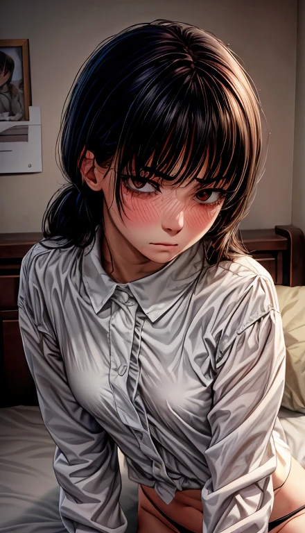 Girl lying on a bed,in white underwear,good anatomy,Best Quality,masterpiece,Whole body, girl's room,Deceptive work,black hair,black eyes,Small  ,beautiful face,defined eyes,looking at the viewer, ((embarrassed, ashamed,blushing)),Closed mouth,Super detailed