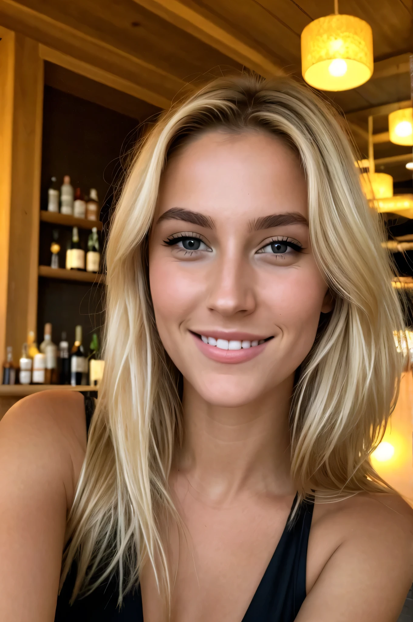 Profile view from the front, diffusion image model of a 27-year-old, 170cm tall, physically fit woman, blonde hair, light skin, Breasts are large. Wearing a casual white dress, eating at a restaurant. Her presence exudes youth and strength, and she gazes directly into the camera, capturing a powerful moment in the heart of the city of love. face looking at the camera, smile