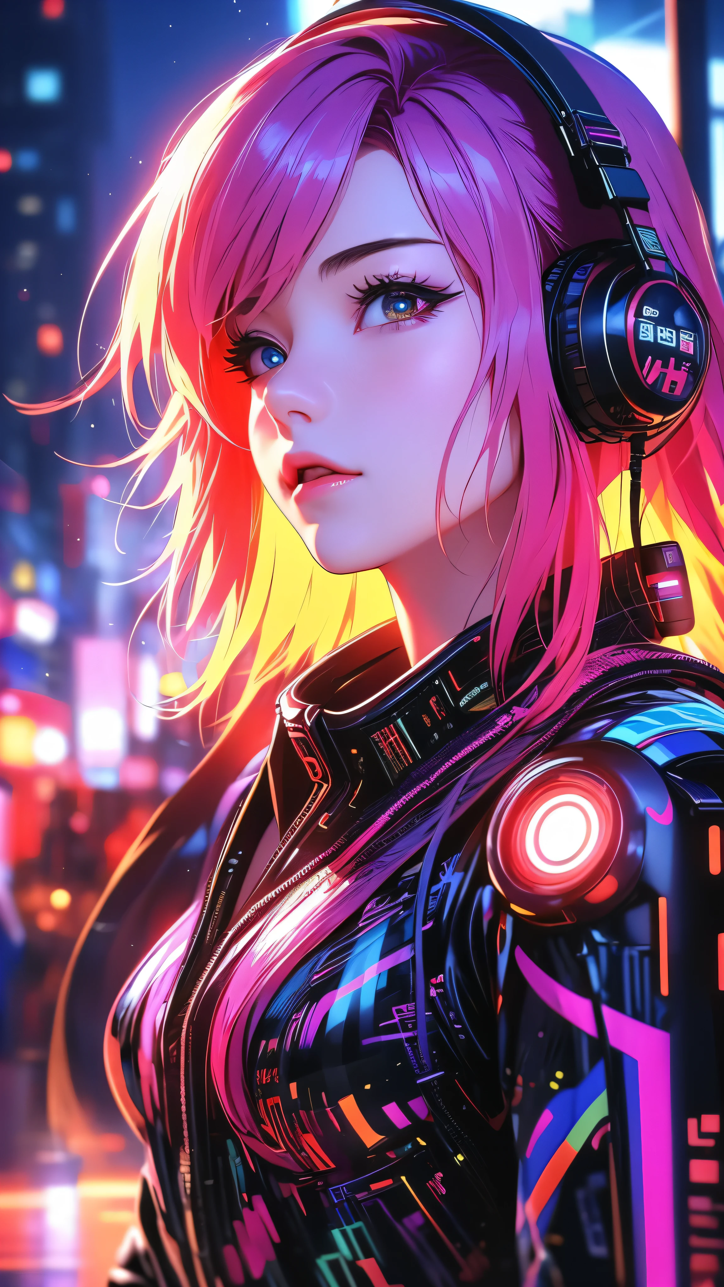 Designer de imagem "Cyberpunk & Realistic". Futuristic depiction of a perfectly tattooed woman with high-tech mechanical prosthetics, long messy pink hair, and headphones. Embrace the cyberpunk aesthetic with neon lights and bright tattoos, maintaining the realistic portrayal of its features. "The lighting" Dynamic neon lighting with natural light sources to highlight cyberpunk tattoos and prosthetics, mantendo sombras e destaques realistas. "Camera positioning" Off-center and close-up camera positioning, Capturing dynamic pose to show off cyberpunk tattoos and high-tech prosthetics in detail. "Paleta de cores" Cyberpunk-inspired color palette with neon tones, rosa fluorescente, e verde brilhante, complemented by realistic skin tones and metallic details for representation of advanced technology.