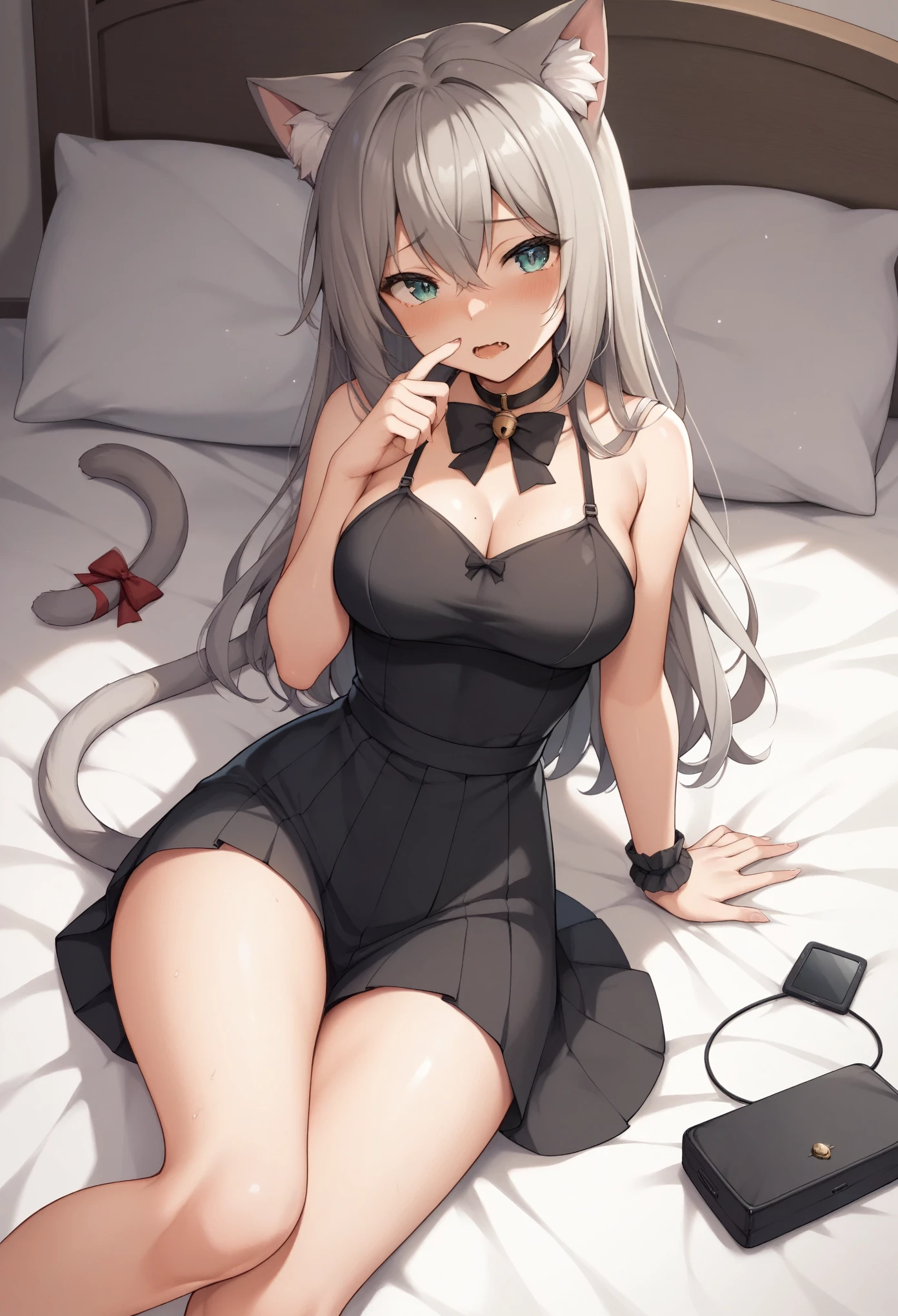 1 fase, Catgirl, anime, bare thighs, grey hair,, hands tied, eyes closed, sexual dress, nsfw, embarrassment, eyes closed, blushing , sexual, average breast size, legs together, a little visible boobs