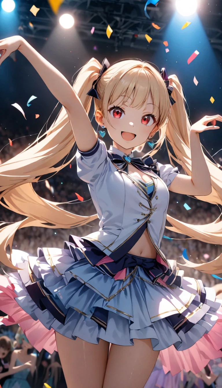 Cinematic Light, Alone, (((1 girl))), blonde, Long Hair, Twin tails, Red eyes, jewelry, Earrings, Idol Costumes, Cute frills, Pastel colors, Beautiful thighs, Flared Skirt, (smile:1.5), ((Open your mouth:1.2)), ((Random Action Pose:1.2, heartが弾ける)), (tits), Lots of confetti, ((dance, Dutch Angle, heart:1.1)), Beautiful Skin, Shiny skin, Perfect fingers, Five fingers, Background Blur, High image quality, Surreal, Bright colors, ((Very detailed, photo shoot)),