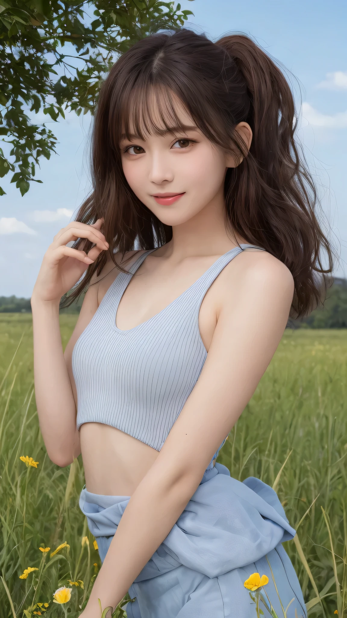 ((best qualtiy, 8K, tmasterpiece:1.3)),Focus:1.2, female high-school student，wooden cabin，（A look of determination）（adolable），delicated face，Long hair waist-length，long hair flowing，Tilt your head，ssmile，Hair details，Delicate Full Body Portrayal，Delicate depiction of the face，Best picture quality，A high resolution，细致背景，Delicate portrayal，exquisitedetails，Rich in detail，Facial strengthening，(Orange crop top with crop top，short  skirt)，with blue sky and white clouds，Sitting Among the Flowers，wooden cabin，There are no bags under the eyes