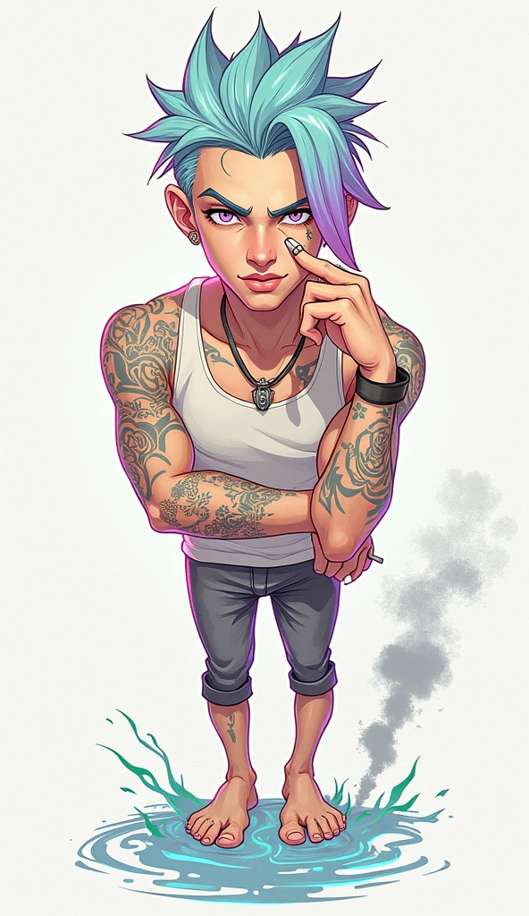 comics style realistic,young woman, 1, short red hair, blue gray eyes, athletic, muscular, floral tattoos, piercings,beautiful Boobs, hands in pockets, smoking a cigarette