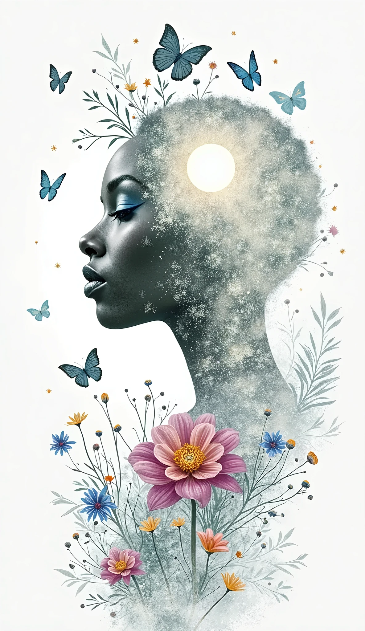 black female, elegant, brightly colored, atmospheric,sereno,((full moon brilhante ao lado direito):1.5),magic, elegant, butterflies,full moon, flowers in bloom, on the move, Dramatic, full body organic composition, (Better quality,4k,8K,High resolution,masterpiece:1.2),Ultra detailed,sharp focus,(realistic,photorealistic,photo-realistic:1.37),very detailed face,extremely detailed facial features,hyper realistic skin texture,extremely fine details,intricate details, detailed eyes,Detailed nose,detailed lips,Detailed facial expressions,intricate facial anatomy,bright lighting, dramatic lighting,changing lighting,Cinematographic lighting,chiaroscuro lighting,dramatic shadows,dramatic moments, vivid colors,intense colors,Deep contrast,cinematic depth of field,film composition,cinematic camera angle