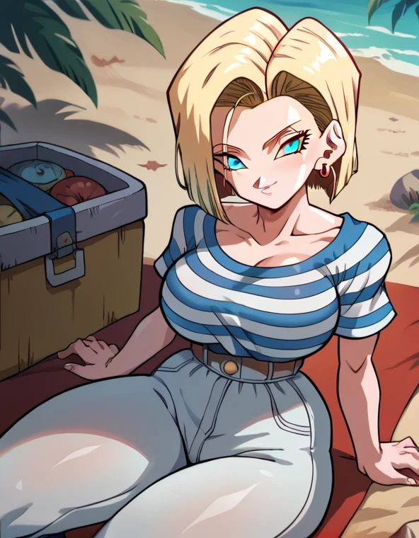 1 woman, Android 18, short hair, blonde, big breasts,high resolution, masterpiece, anatomically correct, necessary, High details, Blue eyes, smiling, On the beach, red and white striped blouse, white pants,thick thighs, detailed eyes 