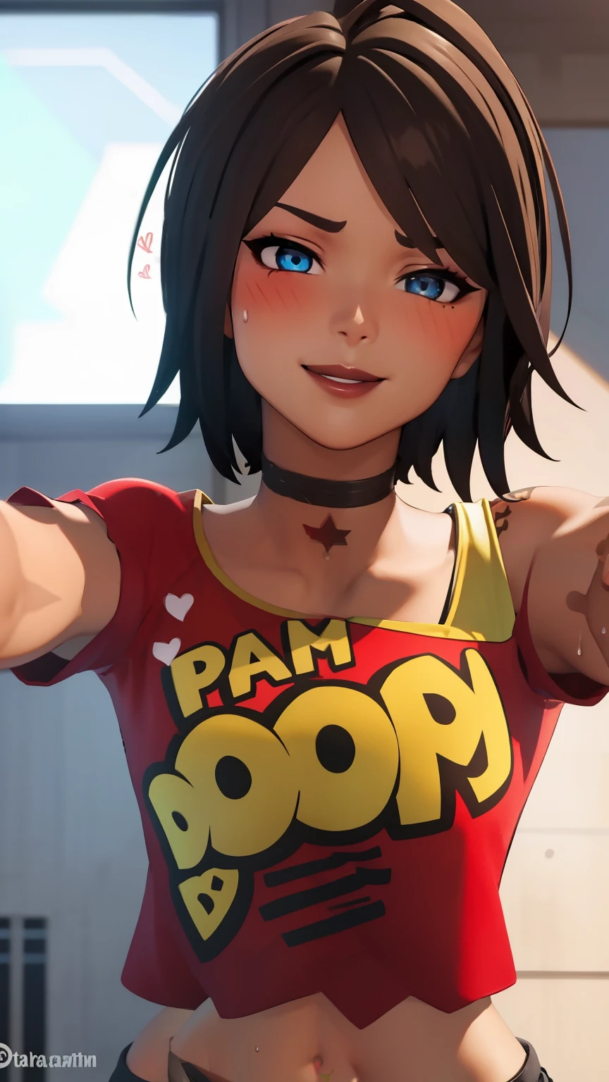 1girl, tntinafn, brown hair, short hair, blue eyes, dark tone skin, ((heavy breathing:1.3)), (blush:1.1), (black eyeshadow1:1), upper body,(speed lines:1.1), trembling, sweat, heart, tattoos, navel, red crop top, one bare shoulder, brown lips, smile, looking at viewer, facing viewer, outstretched arms, kabedon pov,