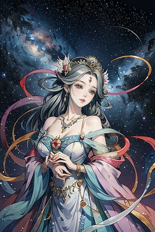 （masterpiece，Best Quality，High resolution, Unity8k wallpaper, Official Art), (One young beautiful girl), colorful, Detailed illustration art, Super detailed，Large Breasts, (Intertwined, Datura stramonium, Tangle), The Goddess, White lace dress, Silver Tiara, necklace, earrings, Gold Bracelet, Off the shoulder, Look at me and smile, Divine Light，Like a painting, flash drawing，Vibrant colors, Perfect Majic, Fantasy World, background, star雲, star, milky way, Detailed digital art, 