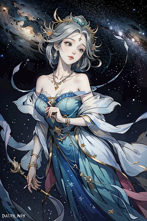 （masterpiece，Best Quality，High resolution, Unity8k wallpaper, Official Art), (One young beautiful girl), colorful, Detailed illustration art, Super detailed，Large Breasts, (Intertwined, Datura stramonium, Tangle), The Goddess, White lace dress, Silver Tiara, necklace, earrings, Gold Bracelet, Off the shoulder, Look at me and smile, Divine Light，Like a painting, flash drawing，Vibrant colors, Perfect Majic, Fantasy World, background, star雲, star, milky way, Detailed digital art, 