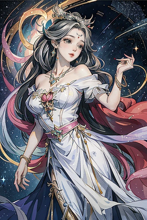 （masterpiece，Best Quality，High resolution, Unity8k wallpaper, Official Art), (One young beautiful girl), colorful, Detailed illustration art, Super detailed，Large Breasts, (Intertwined, Datura stramonium, Tangle), The Goddess, White lace dress, Silver Tiara, necklace, earrings, Gold Bracelet, Off the shoulder, Look at me and smile, Divine Light，Like a painting, flash drawing，Vibrant colors, Perfect Majic, Fantasy World, background, star雲, star, milky way, Detailed digital art, 