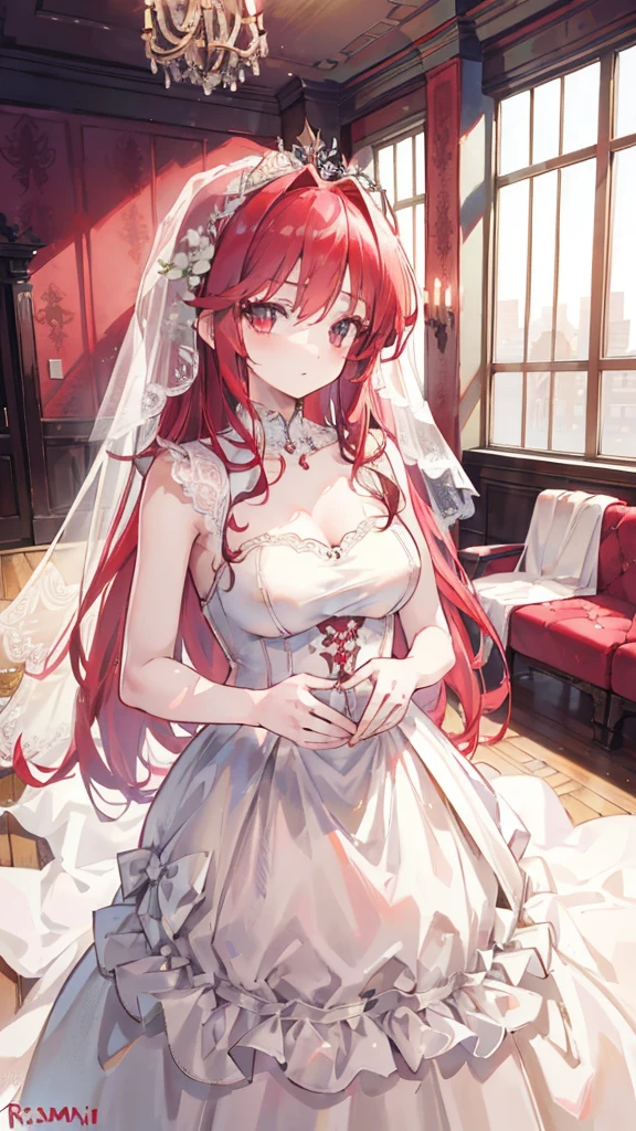 Official art using hand-drawn watercolor sketch technique　Half ass　Very embarrassing　Beautiful woman with long red hair　Wedding dress