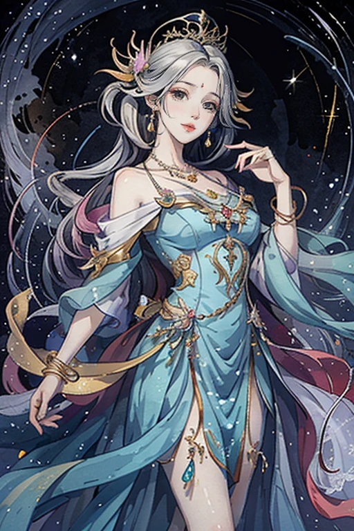 （masterpiece，Best Quality，High resolution, Unity8k wallpaper, Official Art), (One young beautiful girl), colorful, Detailed illustration art, Super detailed，Large Breasts, (Intertwined, Datura stramonium, Tangle), The Goddess, White lace dress, Silver Tiara, necklace, earrings, Gold Bracelet, Off the shoulder, Look at me and smile, Divine Light，Like a painting, flash drawing，Vibrant colors, Perfect Majic, Fantasy World, background, star雲, star, milky way, Detailed digital art, 