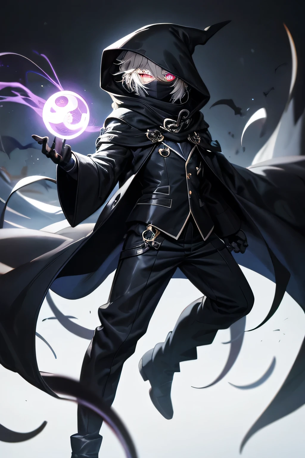 ((best quality)), ((masterpiece)), (detailed), 1 boy, full body, 2, young adult, long black scarf, bandage covering mouth, glowing eyes, 1 scratch on right eye, hood black, black skin, messy hair, black coat, loose sleeves, tall, thin, white zigzag markings on his coat, small black portals, black fingers, black wristbands with white circles, black tentacles coming out of his coat, witch, brooch with the eye symbol on his coat, black baggy pants, black boots, floating, darkness, night city background, anime