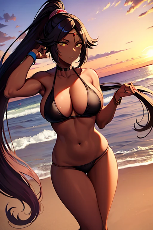 {{masterpiece, ultra-high quality, ultra detailed CG,}} Character Fusion, outfit fusion, Palutena, Yoruichi Shihouni, sunset, beach, thigh length hair with an equally long ponytail, dark skin, hectochromia, large breasts, thick thighs, sultry expresion