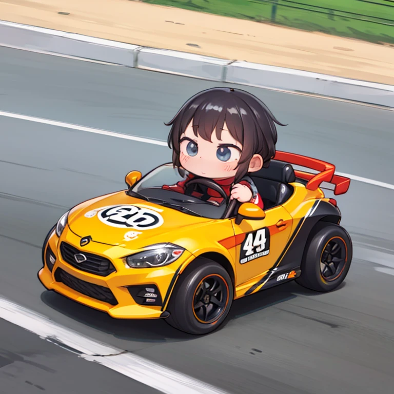 Little mascot girl，Race Track，Same size tires，Take the wheel，Small racing go-kart，Race in go-karts、A heated battle、cute、Chibi，