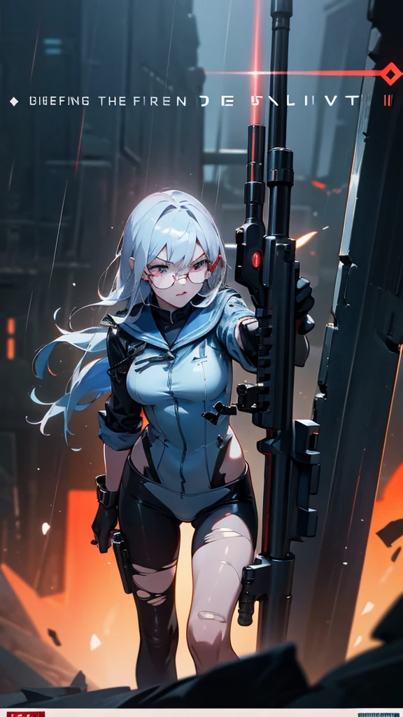 girl with silver hair,((large breasts:0.2)),red glasses,prone position,looking through sniper scope,aiming gun,tactical boots,futuristic gun,rainy environment,high quality,8k,ultra-detailed,hyperrealistic,masterpiece,cinematic lighting,dramatic lighting,dramatic pose,highly detailed facial features,extremely realistic,photorealistic,beautiful detailed eyes,beautiful detailed lips,extremely detailed eyes and face,long eyelashes,1 girl,concept art,Digital Art、Shiny futuristic gun、Vivid depiction of the human body、Sexy Sailor Battle Suit、((Torn clothing)) Standing confidently in the center of the poster, Wears stylish and edgy clothing, A determined look. The background is dark and grainy., There is danger and tension. The text is bold and eye-catching, A catchy tagline that adds to the overall dramatic and exciting atmosphere. The color palette is mainly dark.、Bright colors are scattered throughout。, Gives the poster a dynamic and visually striking look,Character portrait((Symposium cover))