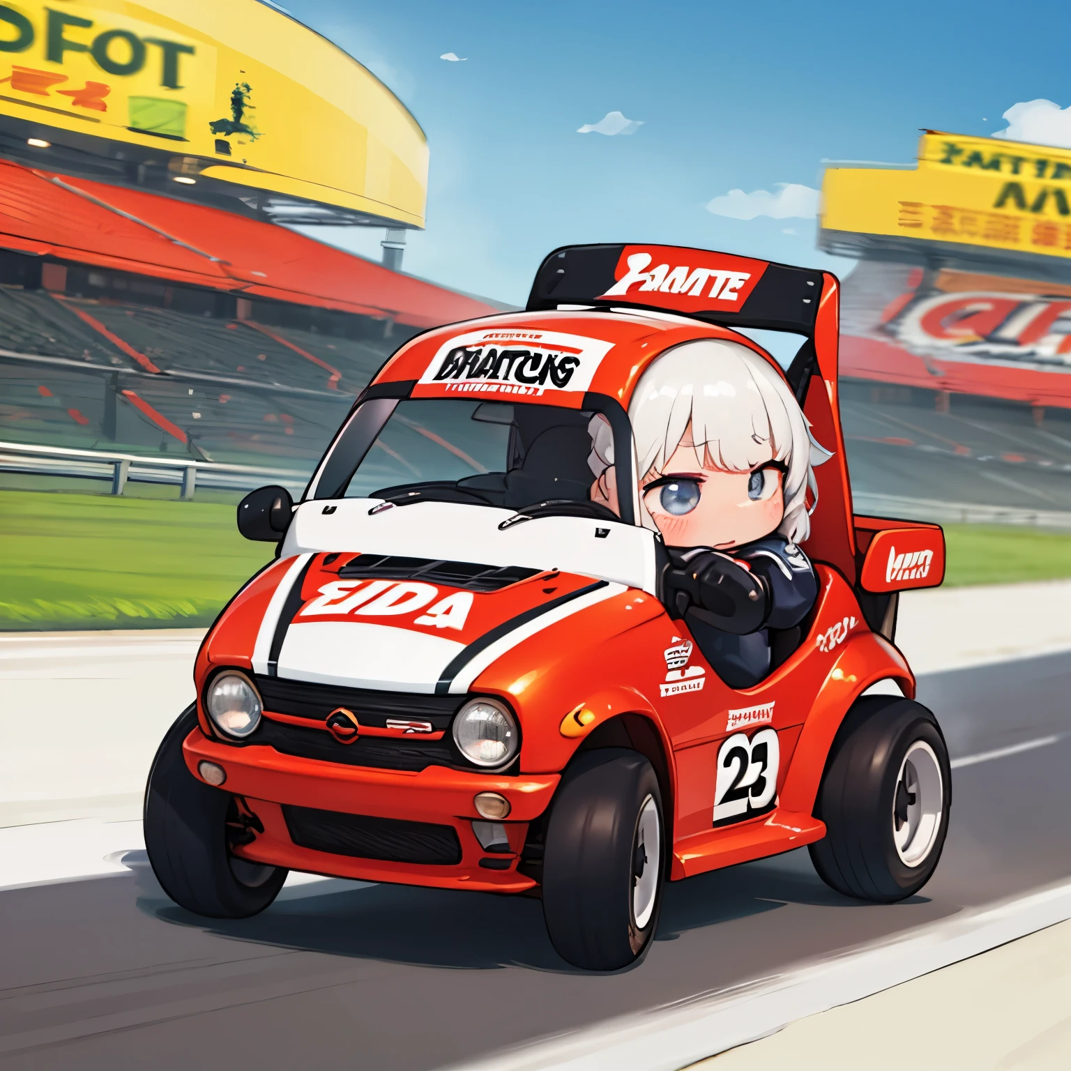 Little mascot girl，Race Track，Same size tires，Take the wheel，Small racing cart，Race in go-karts、A heated battle、cute、Chibi，Strong winds，