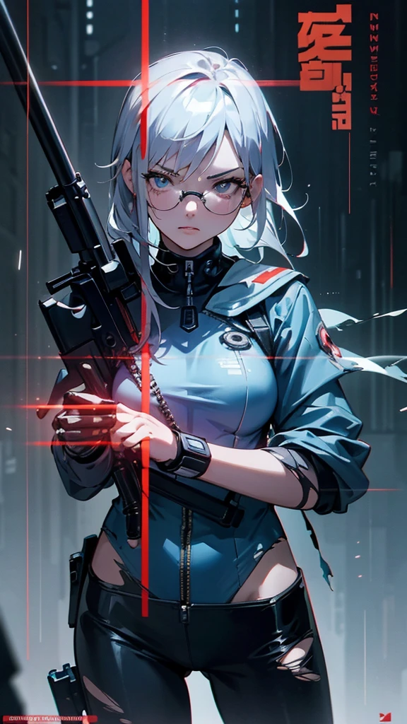 girl with silver hair,((large breasts:0.2)),red glasses,prone position,looking through sniper scope,aiming gun,tactical boots,futuristic gun,rainy environment,high quality,8k,ultra-detailed,hyperrealistic,masterpiece,cinematic lighting,dramatic lighting,dramatic pose,highly detailed facial features,extremely realistic,photorealistic,beautiful detailed eyes,beautiful detailed lips,extremely detailed eyes and face,long eyelashes,1 girl,concept art,Digital Art、Shiny futuristic gun、Vivid depiction of the human body、Sexy Sailor Battle Suit、((Torn clothing)) Standing confidently in the center of the poster, Wears stylish and edgy clothing, A determined look. The background is dark and grainy., There is danger and tension. The text is bold and eye-catching, A catchy tagline that adds to the overall dramatic and exciting atmosphere. The color palette is mainly dark.、Bright colors are scattered throughout。, Gives the poster a dynamic and visually striking look,Character portrait((Symposium cover))