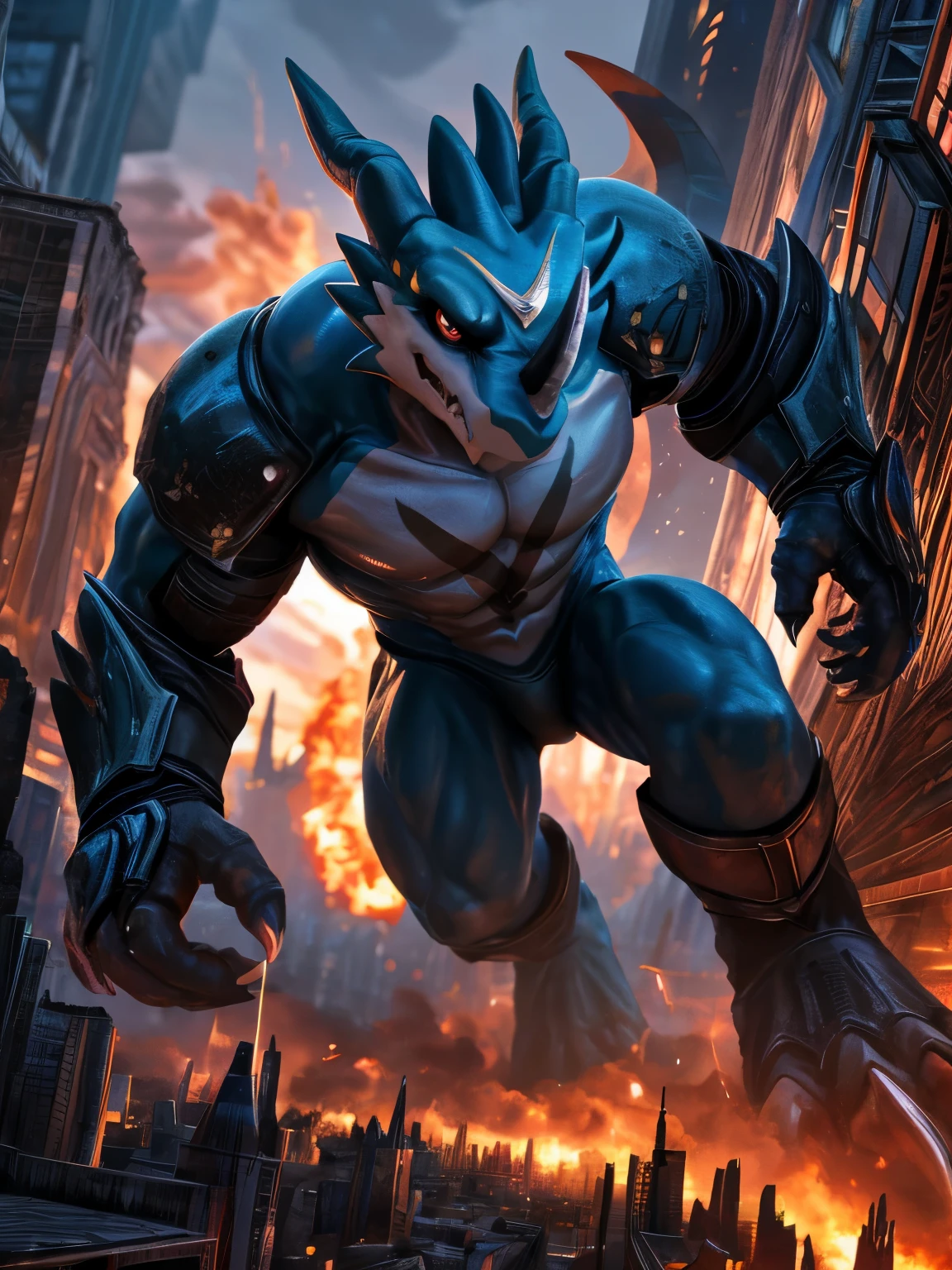 exveemon male, wearing only glassy cyborg armor, ((full body)), macro in miniscule city, hi res, detailed background, photorealistic, realistic hands, 8k hd, extreme detail, (dark shadows, wide dynamic range, hdr, low light:1.2), truly villain, being on a destructive rampage