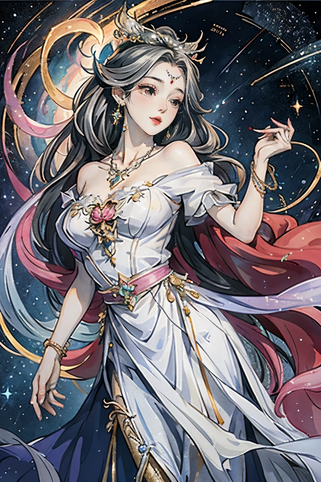 （masterpiece，Best Quality，High resolution, Unity8k wallpaper, Official Art), (One young beautiful girl), colorful, Detailed illustration art, Super detailed，Large Breasts, (Intertwined, Datura stramonium, Tangle), The Goddess, White lace dress, Silver Tiara, necklace, earrings, Gold Bracelet, Off the shoulder, Look at me and smile, Divine Light，Like a painting, flash drawing，Vibrant colors, Perfect Majic, Fantasy World, background, star雲, star, milky way, Detailed digital art, 