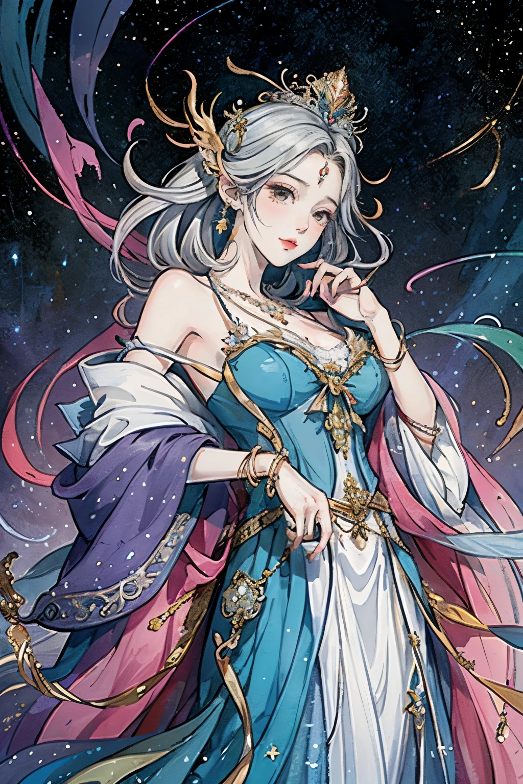 （masterpiece，Best Quality，High resolution, Unity8k wallpaper, Official Art), (One young beautiful girl), colorful, Detailed illustration art, Super detailed，Large Breasts, (Intertwined, Datura stramonium, Tangle), The Goddess, White lace dress, Silver Tiara, necklace, earrings, Gold Bracelet, Off the shoulder, Look at me and smile, Divine Light，Like a painting, flash drawing，Vibrant colors, Perfect Majic, Fantasy World, background, star雲, star, milky way, Detailed digital art, 