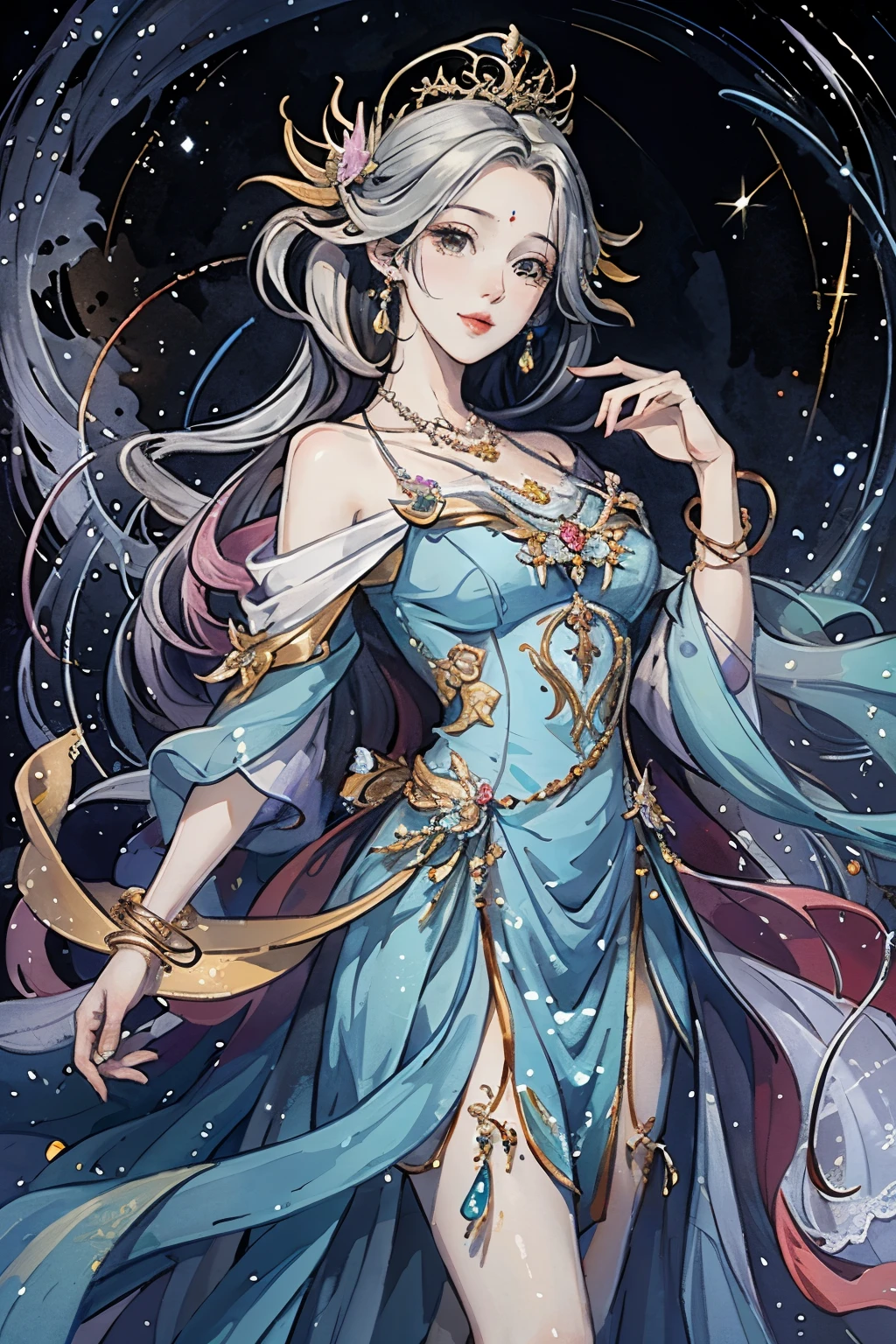 （masterpiece，Best Quality，High resolution, Unity8k wallpaper, Official Art), (One young beautiful girl), colorful, Detailed illustration art, Super detailed，Large Breasts, (Intertwined, Datura stramonium, Tangle), The Goddess, White lace dress, Silver Tiara, necklace, earrings, Gold Bracelet, Off the shoulder, Look at me and smile, Divine Light，Like a painting, flash drawing，Vibrant colors, Perfect Majic, Fantasy World, background, star雲, star, milky way, Detailed digital art, 