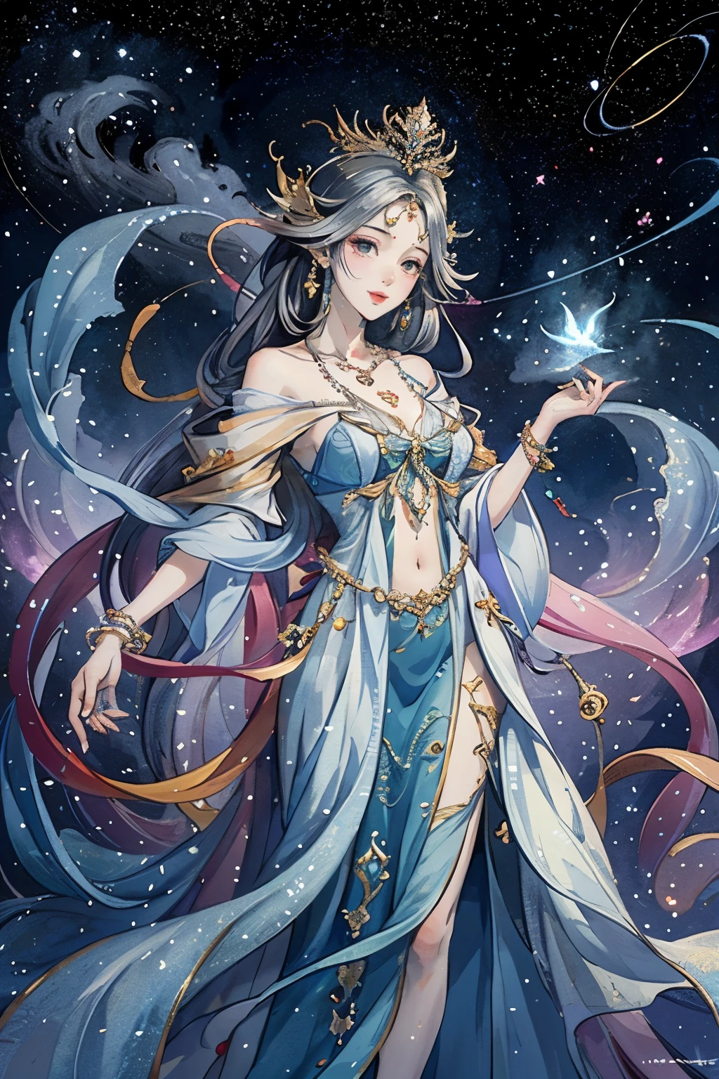 （masterpiece，Best Quality，High resolution, Unity8k wallpaper, Official Art), (One young beautiful girl), colorful, Detailed illustration art, Super detailed，Large Breasts, (Intertwined, Datura stramonium, Tangle), The Goddess, White lace dress, Silver Tiara, necklace, earrings, Gold Bracelet, Off the shoulder, Look at me and smile, Divine Light，Like a painting, flash drawing，Vibrant colors, Perfect Majic, Fantasy World, background, star雲, star, milky way, Detailed digital art, 