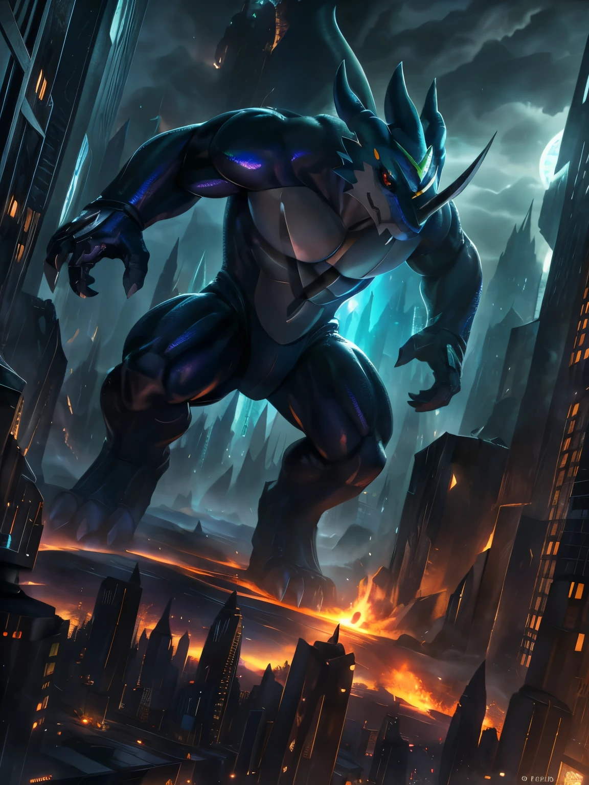 exveemon male, wearing only glassy cyborg armor, ((full body)), macro in miniscule city, hi res, detailed background, photorealistic, realistic hands, 8k hd, extreme detail, (dark shadows, wide dynamic range, hdr, low light:1.2), truly villain, being on a destructive rampage