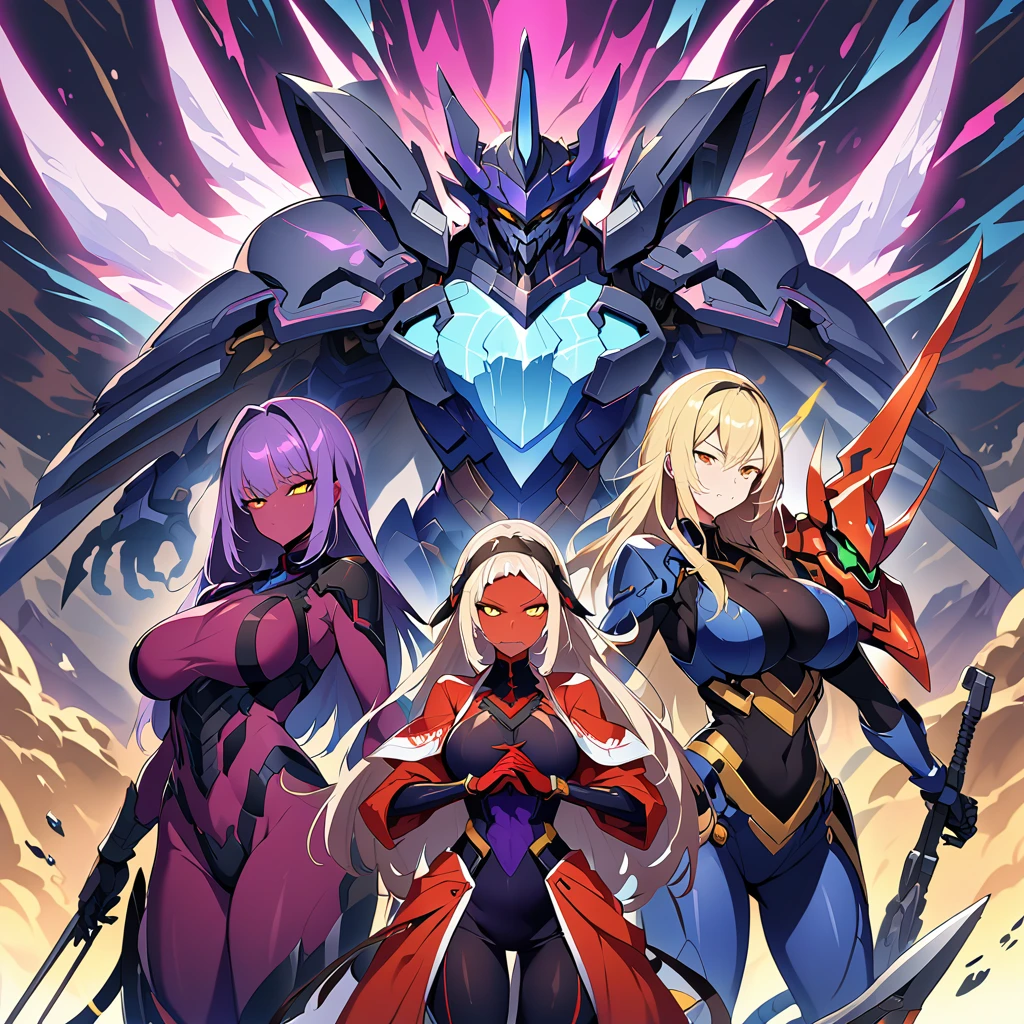 Anime, high detailed, multiple womans, mature womans, indigo mecha armor, large mechanical wings, evil grin, large clawed Gauntlet, red skin, curvy body, long mechanical tail,black sclera、Colored sclera、crimson Colored skin、Yellow Eyes, elongated pupils,  Mature Woman、Black-purple aura、womans surrounding, background a glacier region