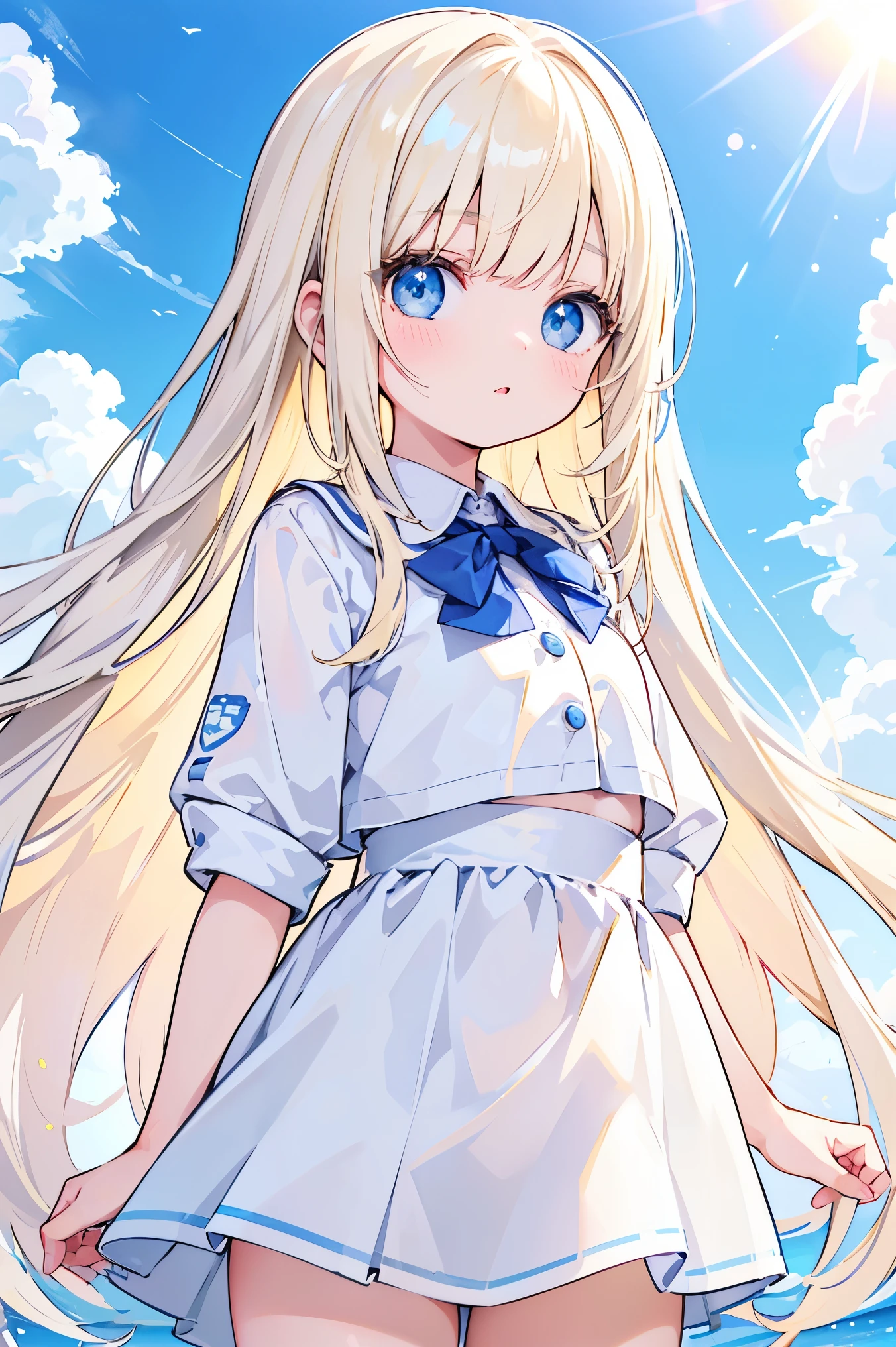 Single girl, school uniform, blue sky, bright and very beautiful face, young and shiny white shiny skin, best good looks, blonde hair with dazzling reflection of light, beautiful platinum blonde super long silky straight hair shiny shiny, long bangs, tremendously beautiful , big eyes that shine transparent light blue, beautiful wonderful beautiful girl