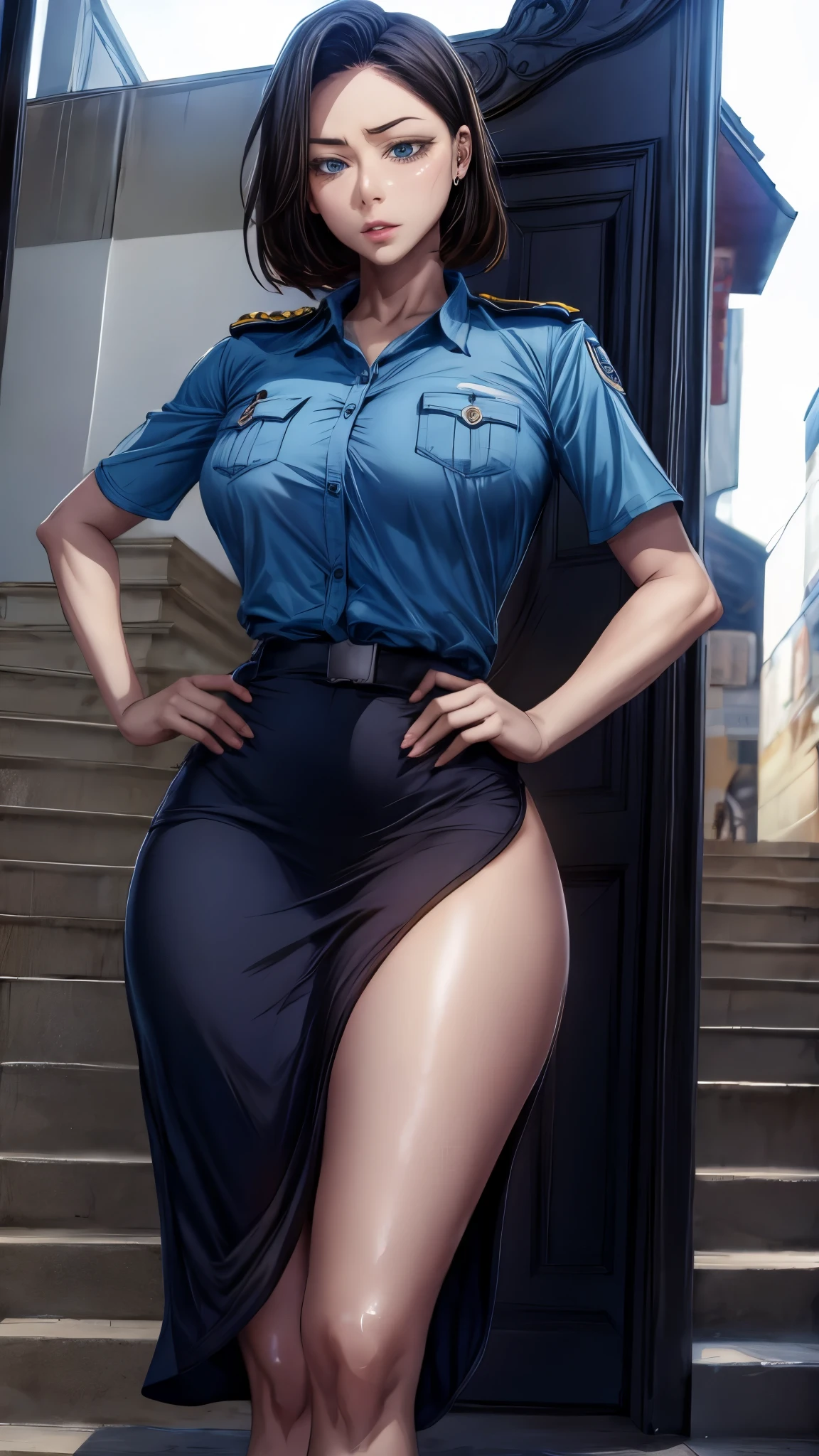 8K、RAW、lovey-dovey, woman ,milf, Police uniform, blue shirt, black skirt,sexsi, masterpiece,solo girl, 