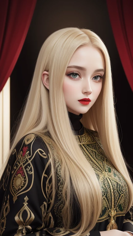 A beautiful woman 38-40 years old with blond hair and ruby red eyes. Count's woman. Subtle facial features and plump lips. Large and expressive eyes. Dressed in aristocratic clothes. Fantasy aristocracy.
