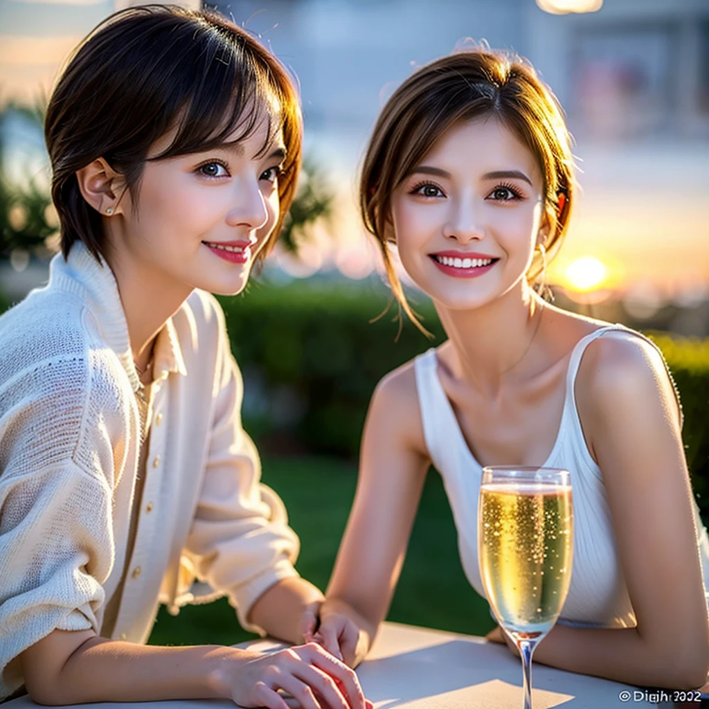 (Realistic:1.2),(masterpiece,Highest quality),8k,((men and women)),Age 35,37 years old、最高のsmile、Happy Couple, Full course dinner at the table、Wine Party、wine glass、White wine、sparkling wine、red wine、Upper Body、Tight waist,Perfect Anatomy, Brown Hair, short hair,Random Hairstyles,Amazing view of the sunset sky and clouds、Long sleeve shirt、dress,((Highly detailed face and eyes:1.2))(Cute Face:1.4),Beautiful actress face,Perfect golden ratio face,woman'suit、Nice,(smile:1.2)、