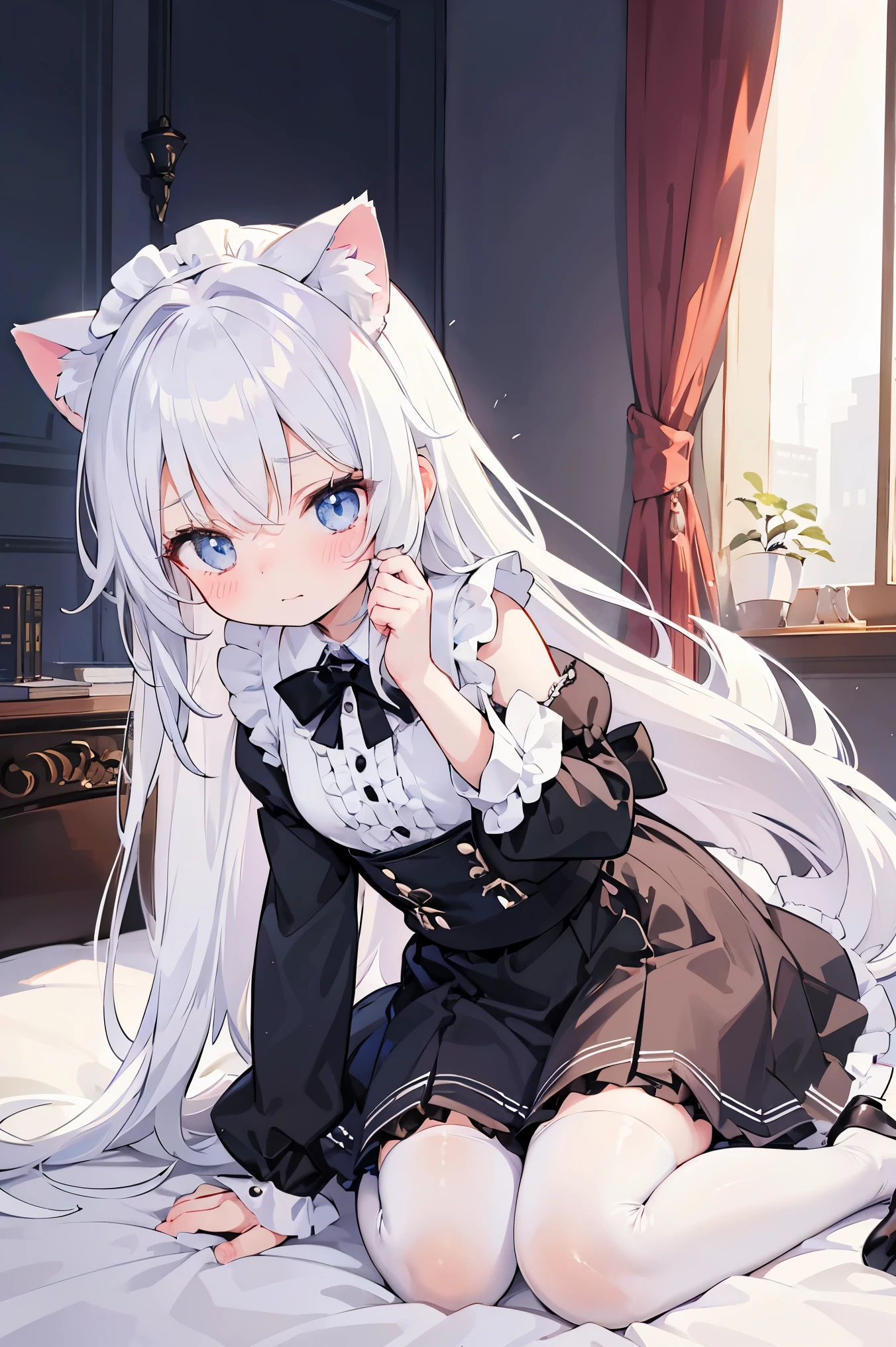 A small  housemaid cat girl with long white hair in a short skirt and black stockings sits on a bed in a sexy pose.She is embarrassed and blushing, looking away.