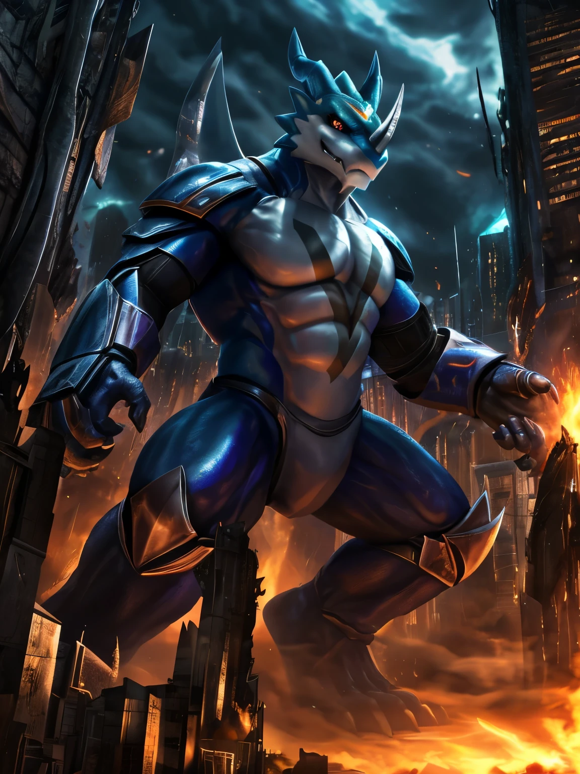exveemon male, wearing only glassy cyborg armor, ((full body)), macro in miniscule city, hi res, detailed background, photorealistic, realistic hands, 8k hd, extreme detail, (dark shadows, wide dynamic range, hdr, low light:1.2), truly villain, being on a destructive rampage