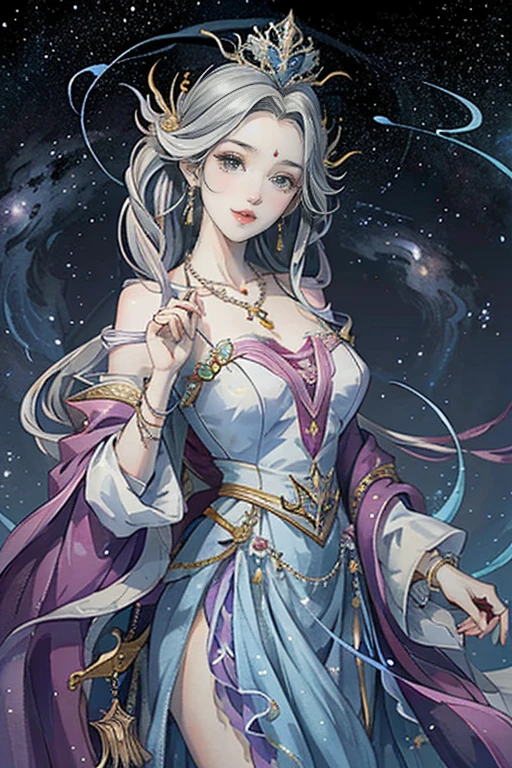 （masterpiece，Best Quality，High resolution, Unity8k wallpaper, Official Art), (One young beautiful girl), colorful, Detailed illustration art, Super detailed，Large Breasts, (Intertwined, Datura stramonium, Tangle), The Goddess, White lace dress, Silver Tiara, necklace, earrings, Gold Bracelet, Off the shoulder, Look at me and smile, Divine Light，Like a painting, flash drawing，Vibrant colors, Perfect Majic, Fantasy World, background, star雲, star, milky way, Detailed digital art, 