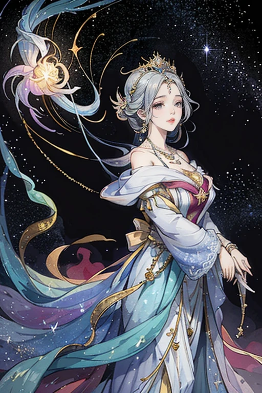 （masterpiece，Best Quality，High resolution, Unity8k wallpaper, Official Art), (One young beautiful girl), colorful, Detailed illustration art, Super detailed，Large Breasts, (Intertwined, Datura stramonium, Tangle), The Goddess, White lace dress, Silver Tiara, necklace, earrings, Gold Bracelet, Off the shoulder, Look at me and smile, Divine Light，Like a painting, flash drawing，Vibrant colors, Perfect Majic, Fantasy World, background, star雲, star, milky way, Detailed digital art, 