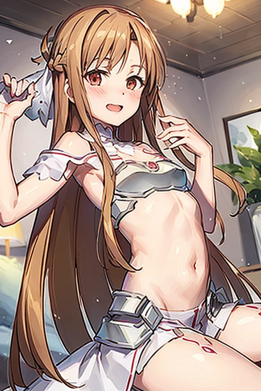 ((Best Quality)), ((masterpiece)), (be familiar with), Perfect Face, indoor, bedroom, Watching the audience,
One woman, Yuuki Asuna,
Open Mouth, Ecstatic expression, blush, smile,
Small breasts, Flat Chest, , , , Girl,
Long Hair, Long Hair,
Leg spread,