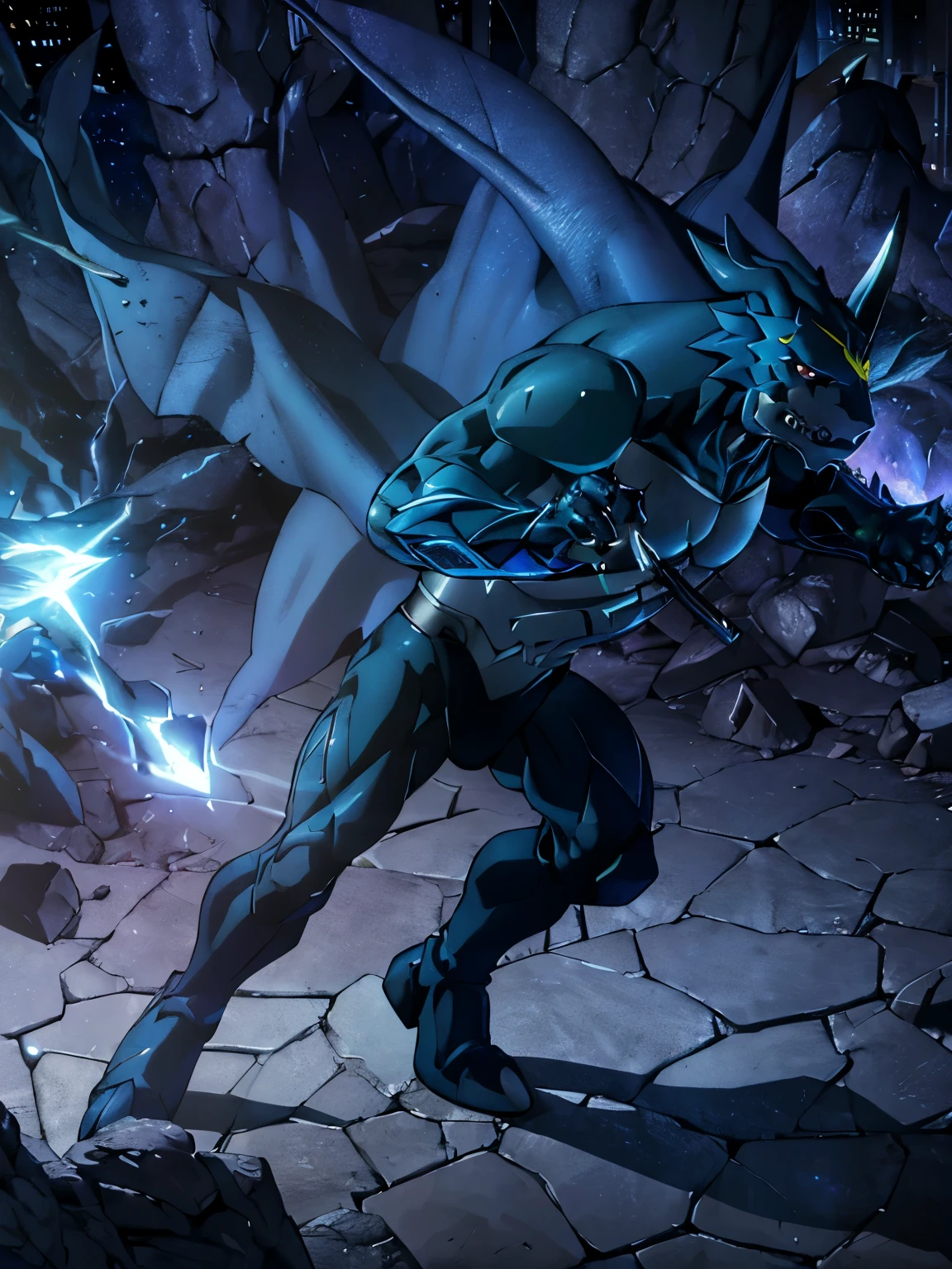 exveemon male, wearing only glassy cyborg armor, ((full body)), macro in miniscule city, hi res, detailed background, photorealistic, realistic hands, 8k hd, extreme detail, (dark shadows, wide dynamic range, hdr, low light:1.2), truly villain, being on a destructive rampage