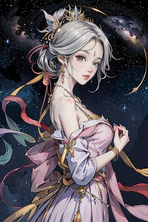 （masterpiece，Best Quality，High resolution, Unity8k wallpaper, Official Art), (One young beautiful girl), colorful, Detailed illustration art, Super detailed，Large Breasts, (Intertwined, Datura stramonium, Tangle), The Goddess, White lace dress, Silver Tiara, necklace, earrings, Gold Bracelet, Off the shoulder, Look at me and smile, Divine Light，Like a painting, flash drawing，Vibrant colors, Perfect Majic, Fantasy World, background, star雲, star, milky way, Detailed digital art, 