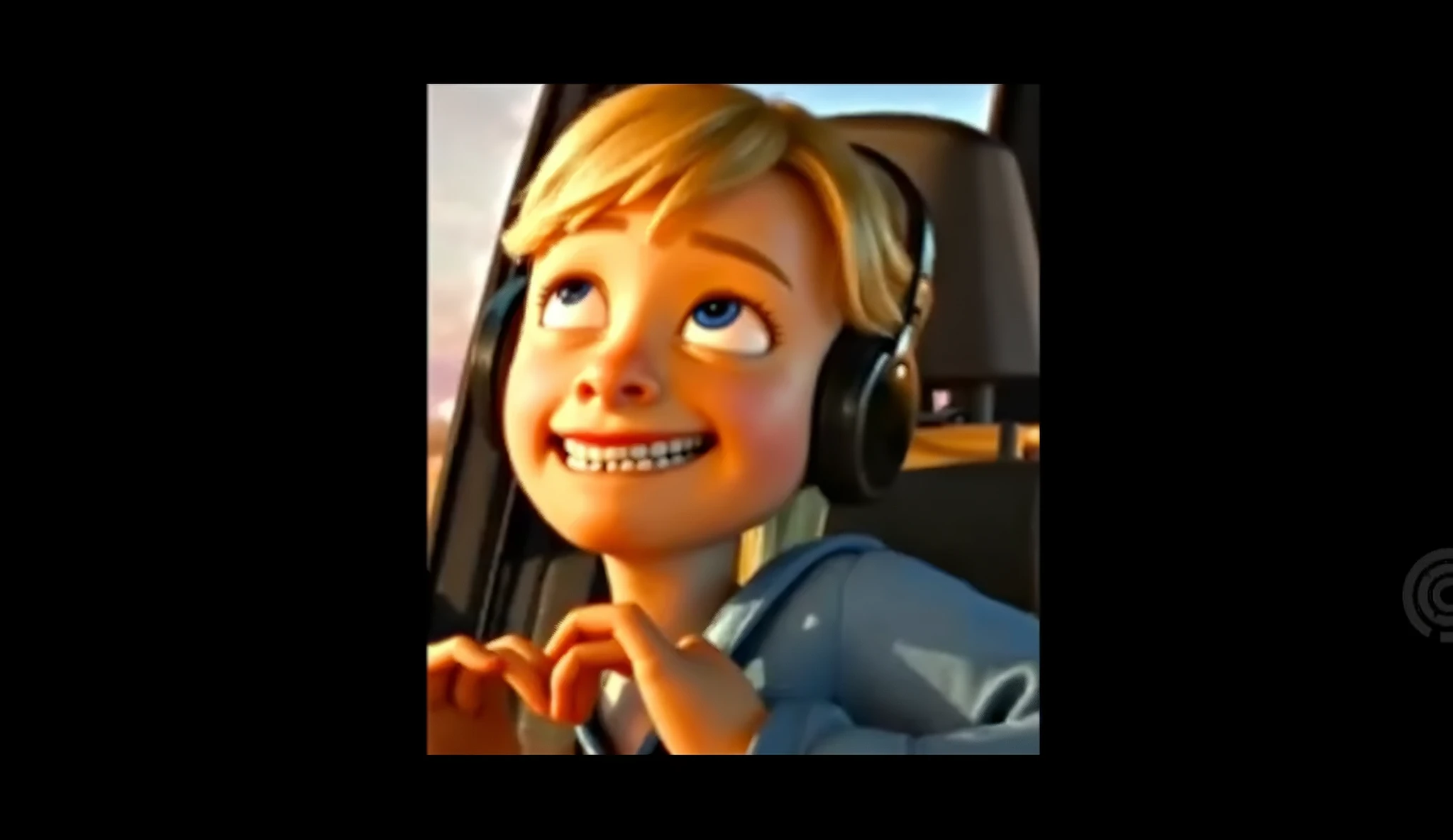 score_9, score_8_up, score_7_up, score_6_up, score_5_up, score_4_up, ri_ley2, 1 girl, ponytail, blond hair, in a car, headphones, peace sign, selfie, braces