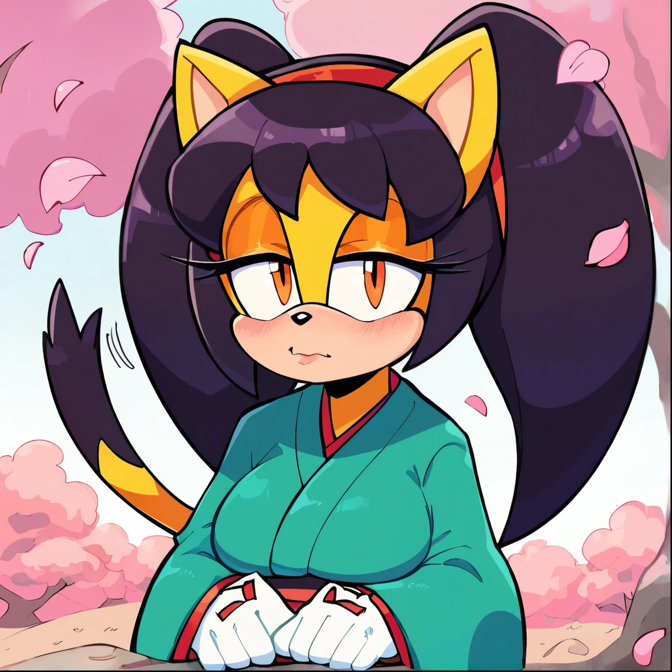 score_9, score_8_up, 2D, flat color, spring background, looking at viewer, 1girl, very detailed, extremely detailed, honey the cat from the sonic the hedgehog series, portrait, above shoulder, a bit tired, shy, sound lines, makeup, hair down, long hair, (Spring season themed attire), kimono, makeup, large bust, milf, cat tail, blossom trees
