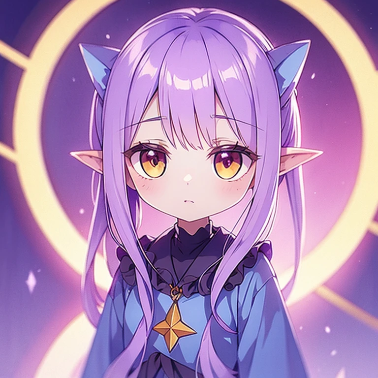 Light purple hair, Center parted bangs, Big yellow eyes, Chibi,Pointy Ears,Blue hair ornament,