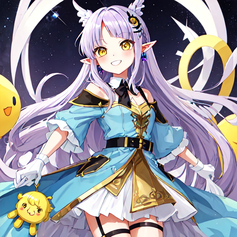 Light purple hair, Center parted bangs, Big yellow eyes, Chibi,Pointy Ears,Blue hair ornament,