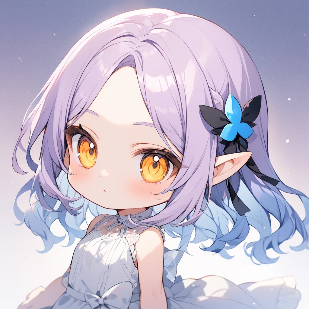 Light purple hair, Center parted bangs, Big yellow eyes, Chibi,Pointy Ears,Blue hair ornament,