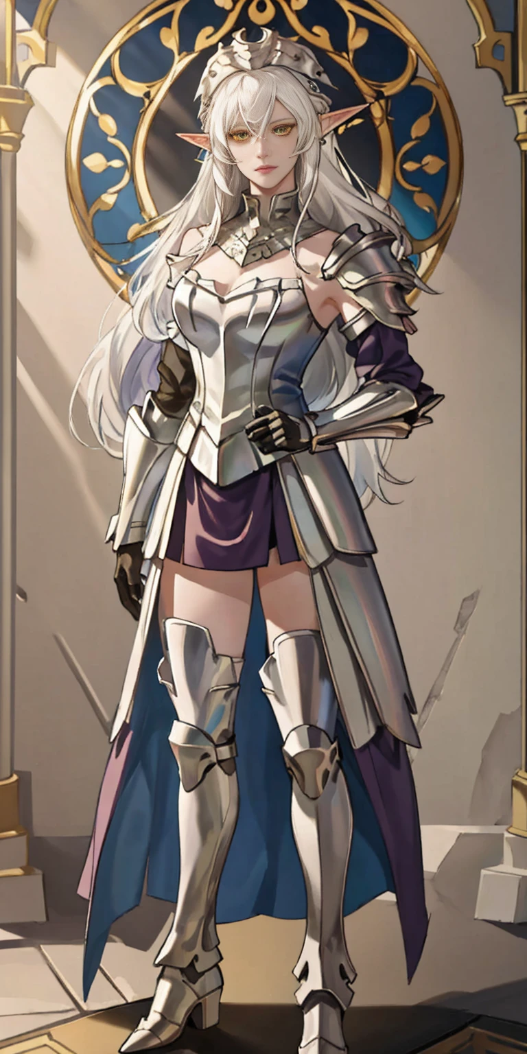 masterpiece, best quality, high quality, white SKIN elf, long hair, white hair, yellow eyes, full body, def_effie, blue breastplate, white skin, looking at viewer, shiny, armor, thigh highs, high boots, shoulder armor, faulds, poleyn, gloves, gauntlets