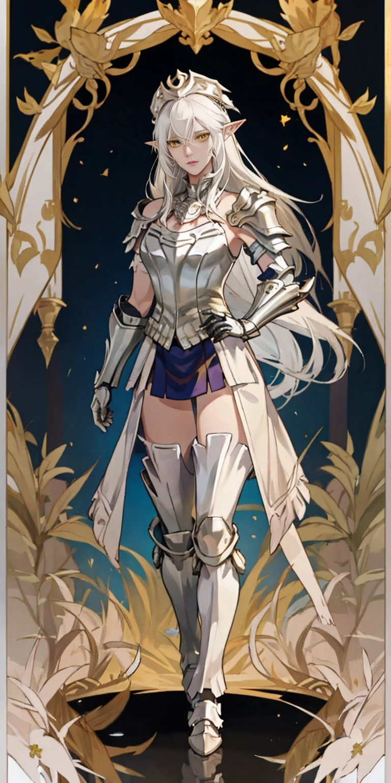 masterpiece, best quality, high quality, white SKIN elf, long hair, white hair, yellow eyes, full body, def_effie, blue breastplate, white skin, looking at viewer, shiny, armor, thigh highs, high boots, shoulder armor, faulds, poleyn, gloves, gauntlets